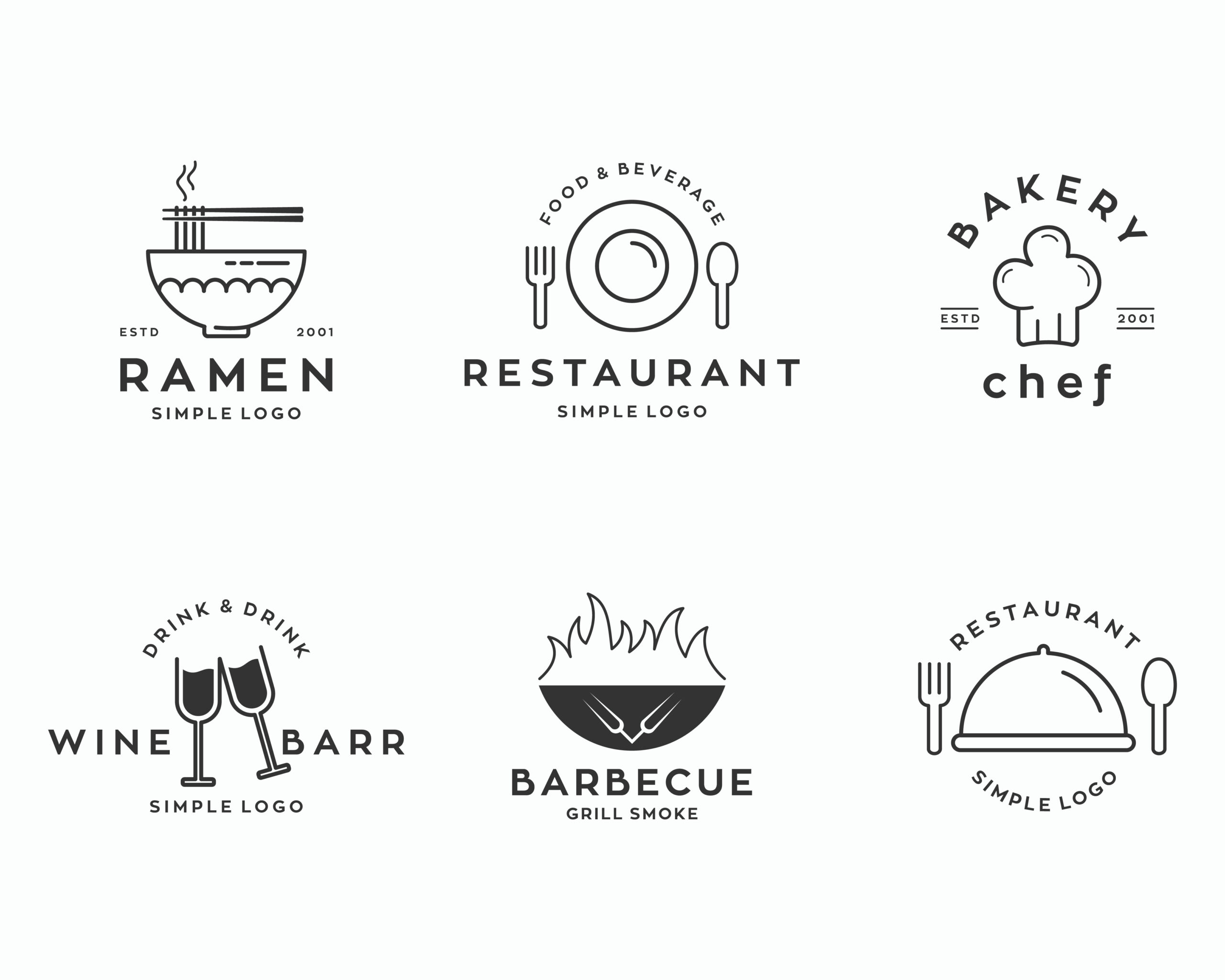 Set of badges and labels elements for restaurant with logo ramen, bakery, barbecue, winebar, etc.